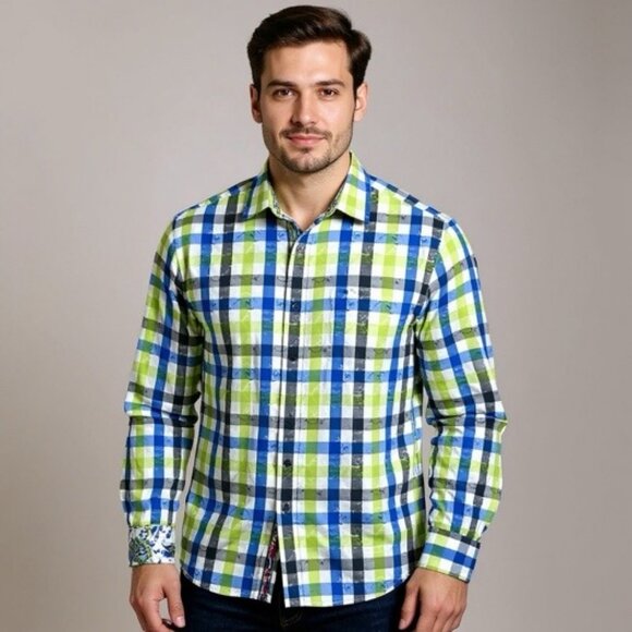 Robert Graham Slide Green Blue L/S Button Up Shirt Men's Flip Cuffs Size XL - Picture 4 of 15